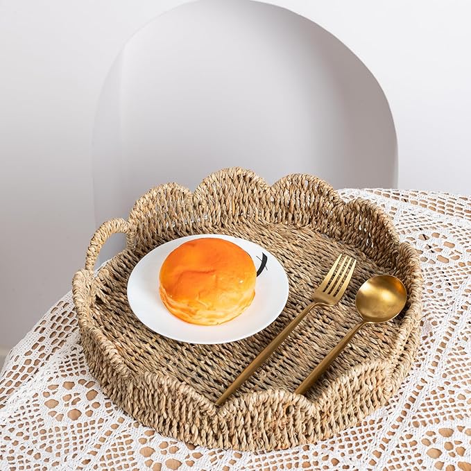 Scalloped Serving Tray, 13.8" Woven Round Table Decor Tray, Wicker Rattan Basket with Handles, Natural Seagrass Tray for Room Decor, Set of 2