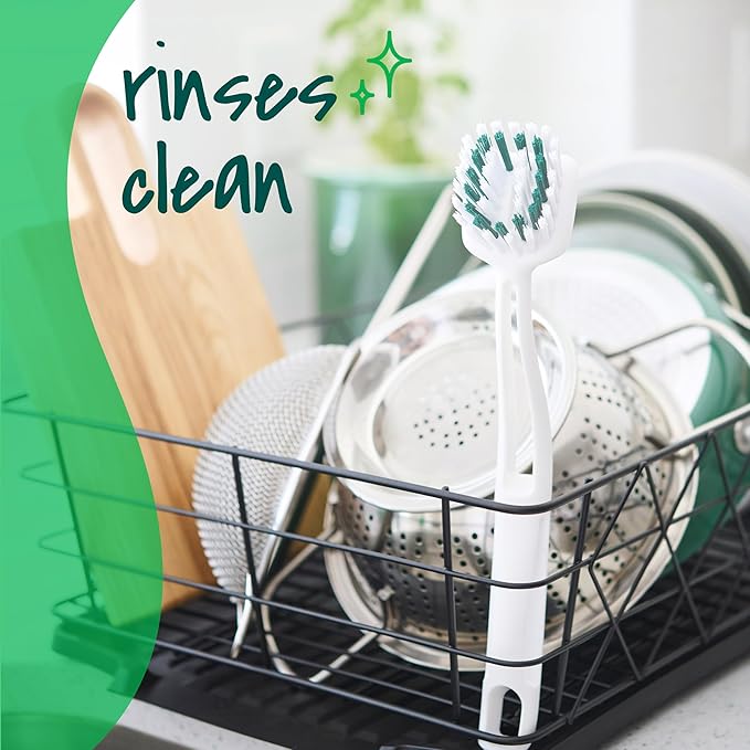 Scotch-Brite Pot + Pan Brush, Durable and Long Lasting Dish Brush with Handle for Scrubbing Stainless Steel, Outdoor Furniture, and Sinks Without Scratching, Antimicrobial, and Rinses Clean