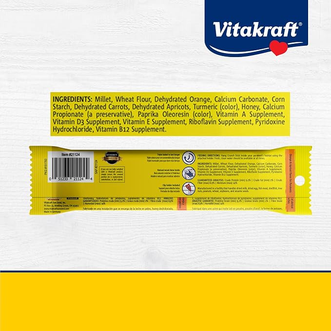 Vitakraft Crunch Sticks Parakeet Treat – 2 Sticks in Orange and Apricot Flavor – Triple Baked with Natural Wood Center – Added Vitamins and Minerals with Cage Clip Holder for Long-Lasting Enrichment