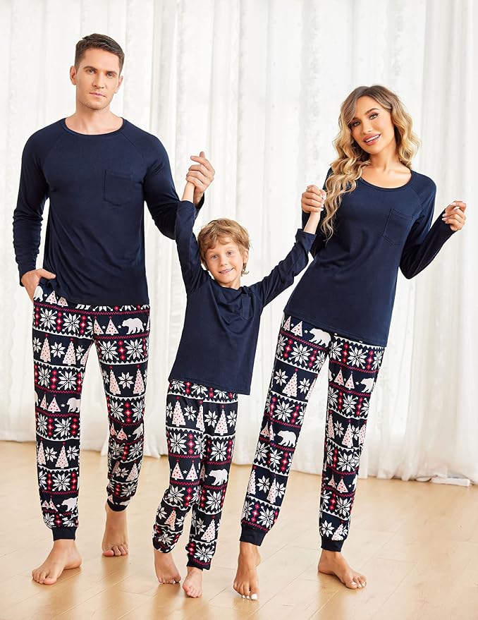 Ekouaer Family Matching Pajamas Christmas Sleepwear Long Sleeve Sleep Shirt with Plaid Pants Soft Loungewear Pjs Set S-XXL