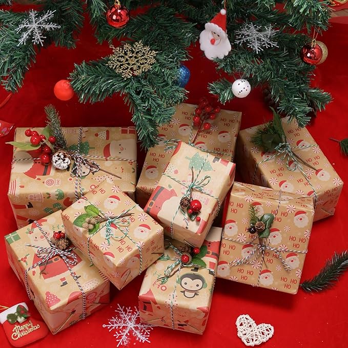 AhfuLife 2 Rolls Christmas Wrapping Paper - 17 Inch × 49.2 Feet Per Roll, Recyclable Santa Claus Kraft Xmas Wrapping Paper Roll for Christmas Gift Box Birthday Party Decoration -138 sq. ft. ttl