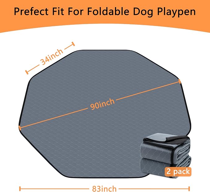Bunlitent Washable Pee Pads for Dogs, 83'' Diagonal Octagon, 2 Pack, Grey | Designed for 24'' Width 8 Panels Dog Playpen, Non-Slip, Super Absorbent, Reusable, Waterproof, For Dog Playpen, Crate, Car