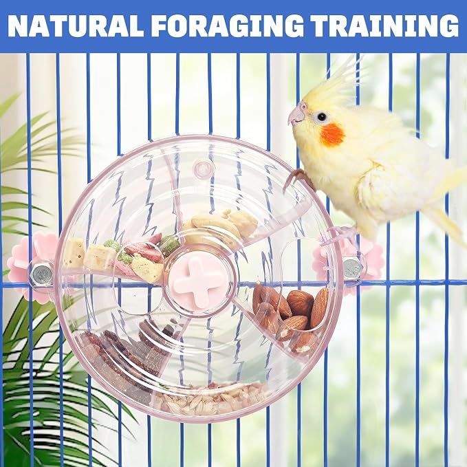 BNOSDM Bird Foraging Toy Creative Feeder Systems with Seed Food Rotating Wheel for Enrichment & Training Parrot Puzzle Toys Ideal for Small and Medium Cockatiel Parakeet Conure(Pink)