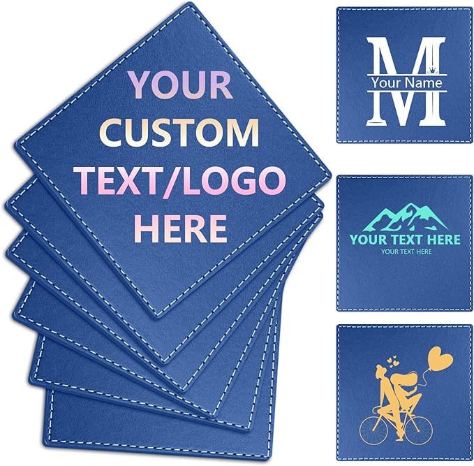 Custom Personalized Leather Coasters - Set of 6 | DIY Name, Photo, or Logo Coasters for Coffee Table, Bar, Beer, Wine | Ideal Housewarming Gift,Blue