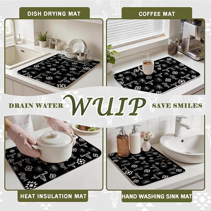 Black Western Dish Drying Mats for Kitchen Counter, Boho Western Cow Skull Aztec Cactus Absorbent Reversible Coffee Bar Mat Drying Pad for Kitchen Decor, 12x15 Inch