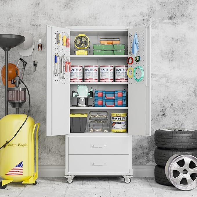 Garage Storage Cabinet with 2 Drawers and Pegboard, Metal Storage Cabinet with 2 Lockable Doors for Garage Home Warehouse,Required Assembly,White,71.2" H*15.2" D*30" W