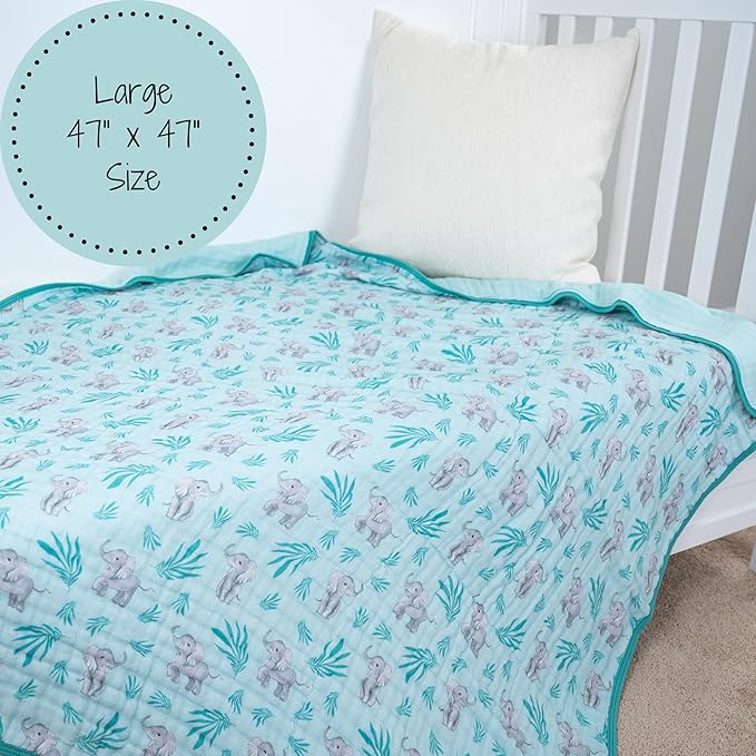 LollyBanks Muslin Baby Blanket 100% Organic Cotton, Muslin Quilt Lightweight, 6 Layers Soft Blanket Neutral, 47"x 47" Toddler Blankets for Girls and Boys, Nursery Receiving Blankets (Elephant Print)