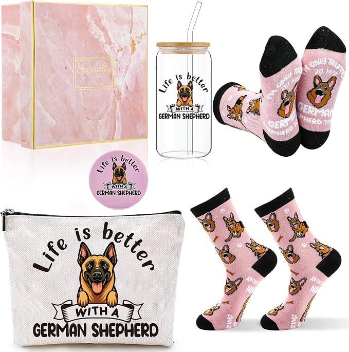 Kacctyen 5 Pcs Christmas German Shepherd Gifts for Women German Shepherd Dog Lover Gifts 16oz Glass Cup Tumbler with Lid Straw Makeup Cosmetic Bag Pocket Mirror Sock for Pet Mom Birthday Party Favors