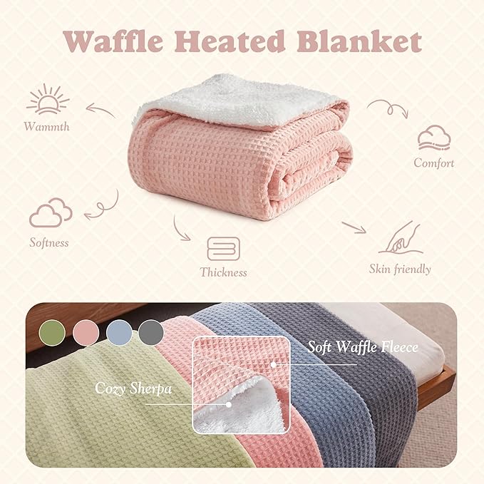 Cozy Heated Blanket Waffle Throw Size - Fast Warming Electric Throw Blanket with 6 Heat Settings & 4 Hours Auto-Off, Ideal Gift for Her, 50"x60", Pink