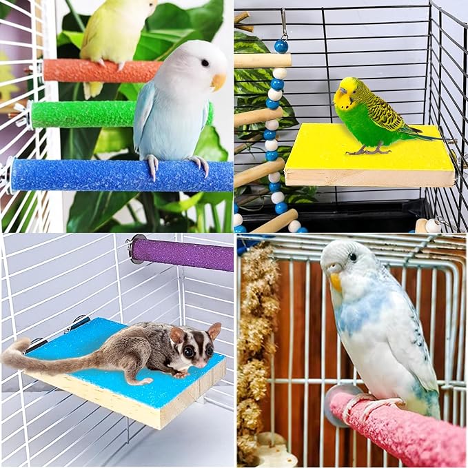 7PCS Bird Perch Stand Platform Natural Wood Parakeet Toys Cage Accessories | Colorful Rough Quartz Sand Surface, Thickened Exercise Paw Grinding Stick for Budgies, Cockatiel, Lovebirds, Finch, Canary