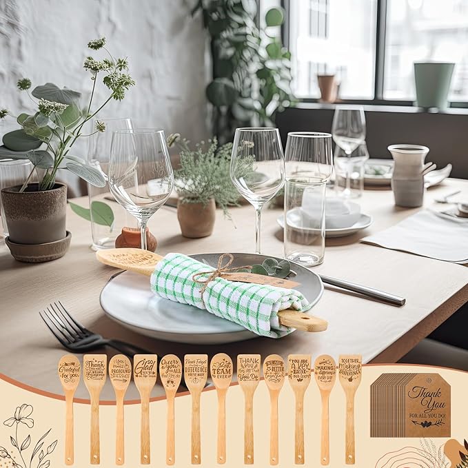 Honeydak 24 Employee Appreciation Gifts Set Thank You Employee Kitchen Utensils Bamboo Spoon Flat Spatula Kitchen Towel Thank You Tag for Team Staff Colleague Coworker Farewell Gift