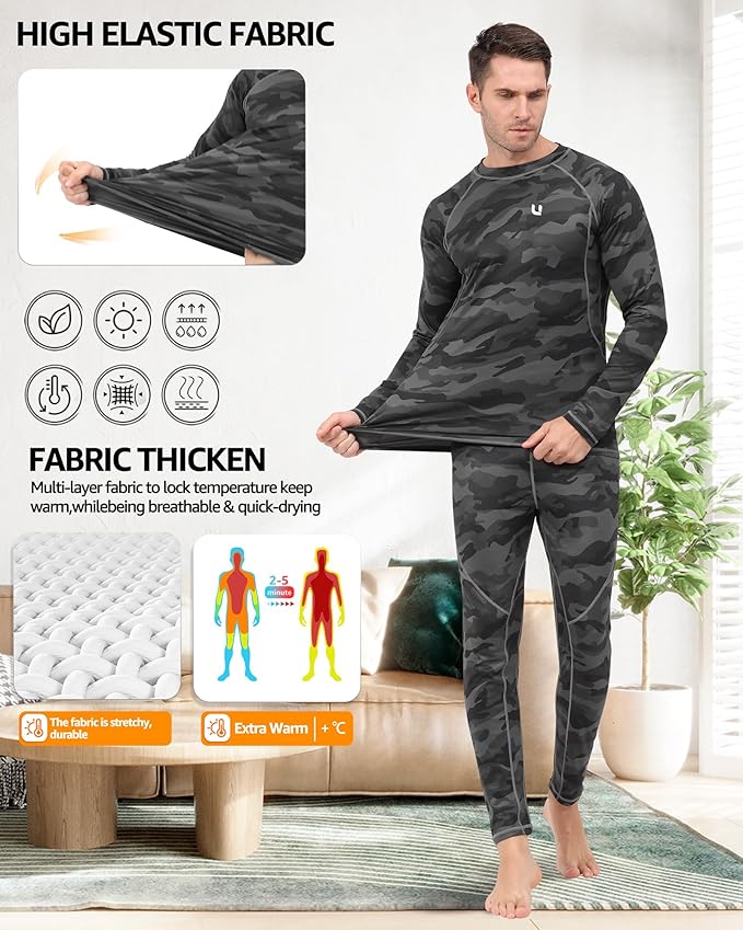 UNIQUEBELLA Men's Thermal Underwear Sets Top & Long Johns Fleece Sweat Quick Drying Thermo Base Layer