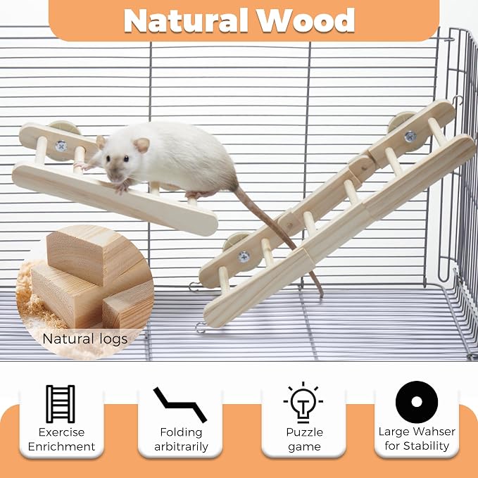 2Pcs Adjustable Wood Rat Climbing Toys for Cage, Rodent Ladder Stair | Pet Rat Cage Accessories Climbing Platforms, Rats Enrichment Toy Activities, Hanging Rodent Toys for Pet Rats Playing Chewing