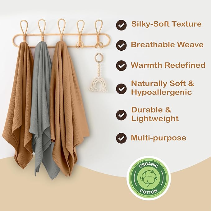 Organic Cotton Muslin Baby Blanket - 47x47 Inch Breathable Swaddle, Hypoallergenic Double-Layer, Versatile Use (Gold/Sage, 47x47 Inch)