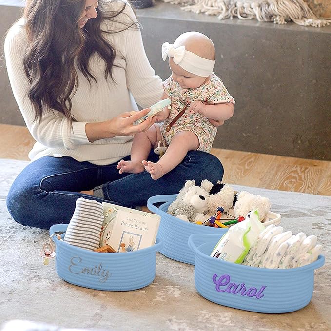 HUTARIO Personalized Woven Basket Embroidered Name with Gift Bags and Ribbons,Empty Small Rope Basket，Durable Storage Custom Blue Basket with Handles for Baby Showers or Christmas,12"×8"×5"