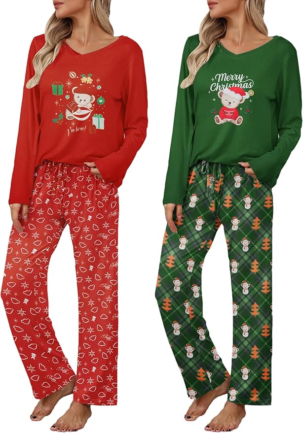 Ekouaer Womens 2 Pack Pajama Set Long Sleeve Pajamas Top and Pants V Neck Pjs Set Soft Loungewear with Pockets