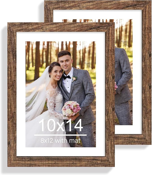 10x14 Picture Frame Set of 2, Made of Glass and Rustic Brown Wooden Frame, Display 8x12 Pictures with Mat or 30 x 40cm Diamond Painting Art without Mat for Wall Mounting, Gallery Photo Frames