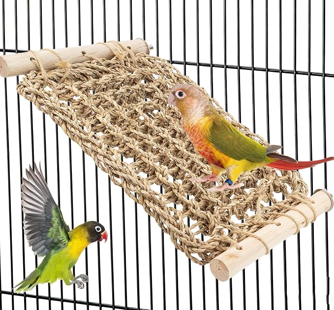 Bird Seagrass Mat Parrot Climbing Ladder Perch for Cage | Natural Sea Grass Woven Net Hammock, Birds Bridge Stands, Parakeet Chewing Rope Cage Accessories for Lovebird Budgie