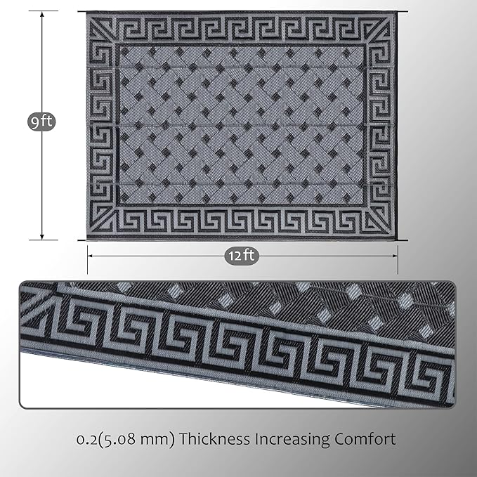 SAND MINE Reversible Mats, Plastic Straw Rug, Modern Area Rug, Large Floor Mat and Rug for Outdoors, RV, Patio, Backyard, Deck, Picnic, Beach, Camping (9' x 12', Black & Grey)