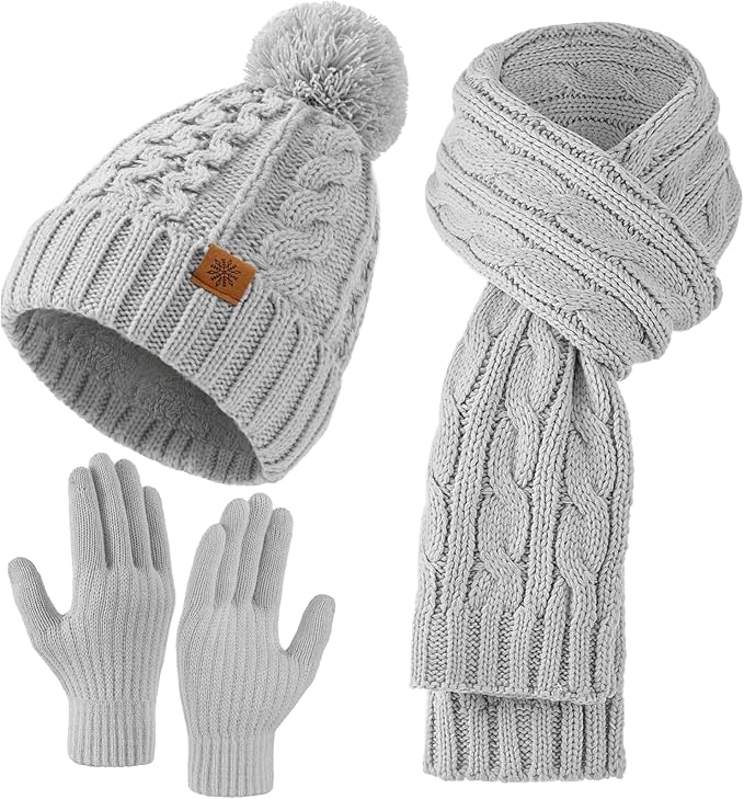 Tavaleu Womens Winter Beanie Hat Scarf Gloves Set, Pom Pom Beanie Warm Knit Scarf Touchscreen Gloves for Cold Weather