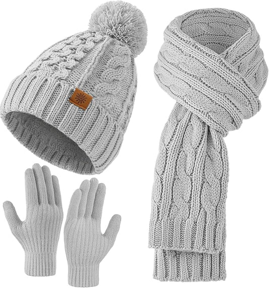 Tavaleu Womens Winter Beanie Hat Scarf Gloves Set, Pom Pom Beanie Warm Knit Scarf Touchscreen Gloves for Cold Weather