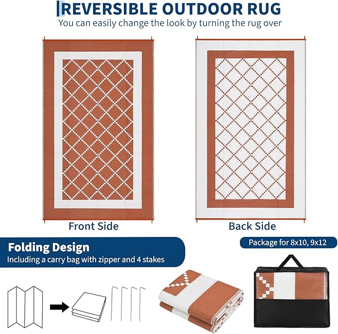 Outdoor Rug for Patio 9x12 Waterproof Camping Mat Reversible Plastic Straw Floor Carpet Modern Diamond Indoor Outdoor Large Area Rug for RV Deck Balcony Backyard Orange/White
