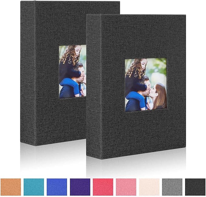 Ywlake Photo Album 4x6 100 Pockets 2 Packs, Small Mini Capacity Linen Photo Album Bulk Sets, Each Pack Holds 100 Top Loader Vertical Only Picture for Kids Boy Girls Black