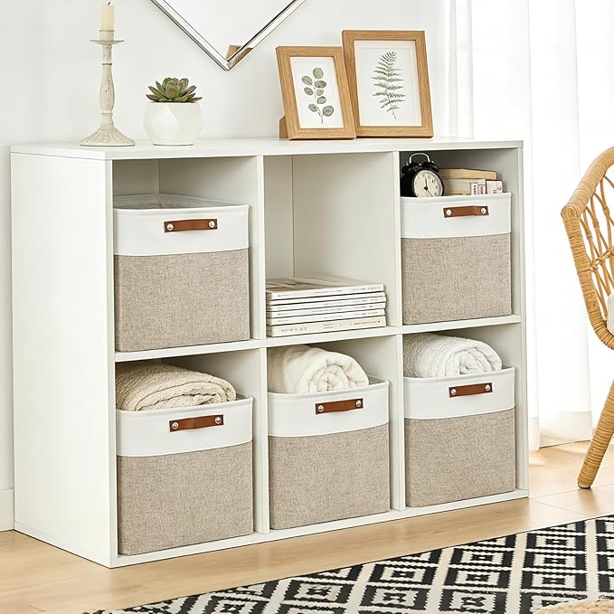 13x13 Cube Storage Bins, Collapsible Fabric Storage Box, 4 Pack Closet Baskets with Handles for Organizing, Shelf, Toys, Clothes, Home, Office, Nursery (Beige&White)