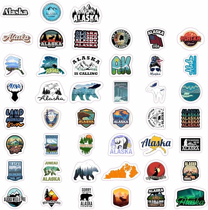 100Pcs Alaska Stickers for Water Bottles, Scrapbooking, Alaska Laptop Decals, Gifts for Women & Men