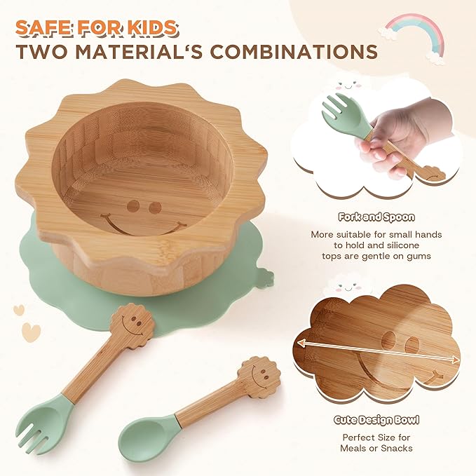 Bamboo Suction Plates Bowls Set for Baby Toddler - Includes Bamboo Bowl, Divided Plate, Silicone Fork & Spoon, All-Natural Baby Feeding Set for Baby-Led Weaning
