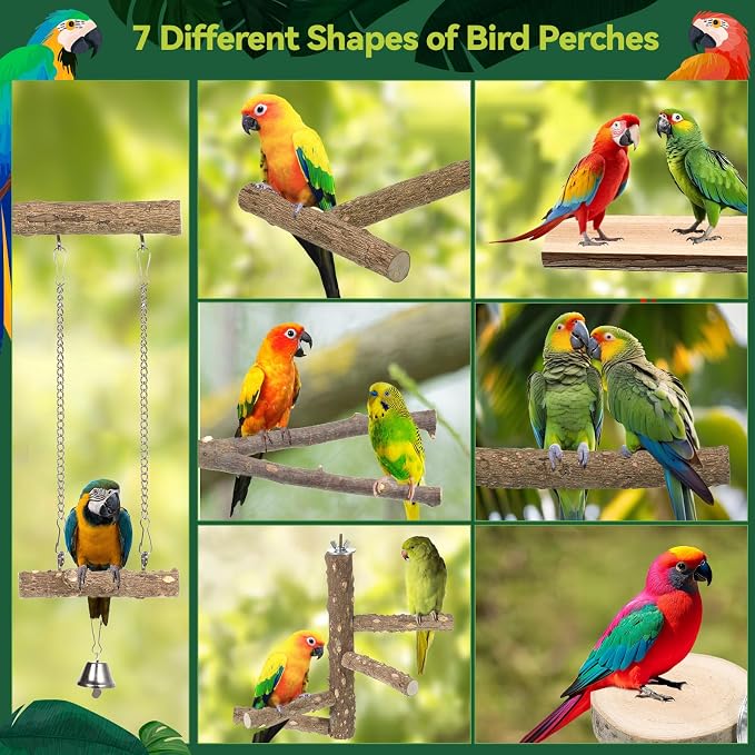 7PCS Natural Wood Bird Perch Set, Includes Paw Grinding Forks, Chewing Sticks, Exercise Branches, Hanging Multi-Branch Perch Platform, Swing Toy Rope Perches, for Medium Birds