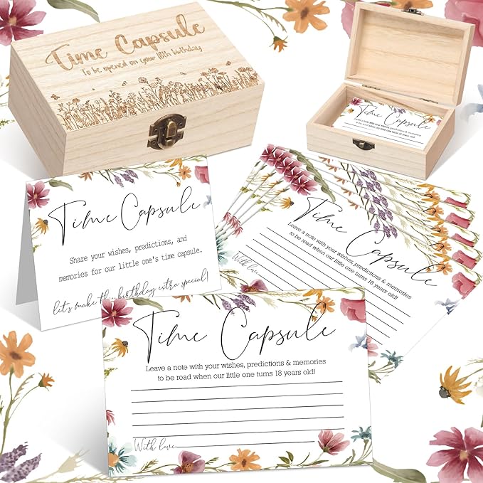 Fuutreo Time Capsule Box 1st Birthday Baby Time Capsule First Birthday Party Games, 1st Activities for Guests, Advice and Wishes Cards Gift Keepsake for Baby Shower Party Supplies(Wildflower)