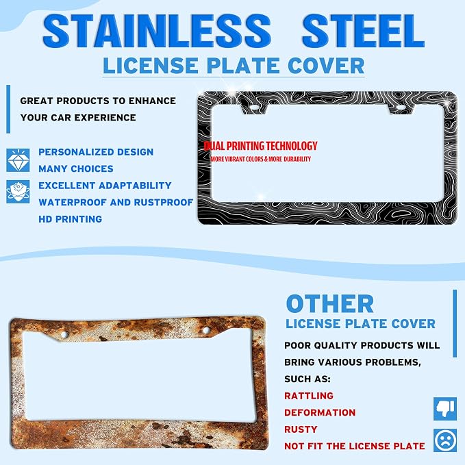 Topographic Map License Plate Frame Stainless Steel 6.3 X 12.2 Inch | Fits US Standard With Screws Rust Resistant For Car Front Rear Decoration Accessories Easy Installation For Cars SUV Truck