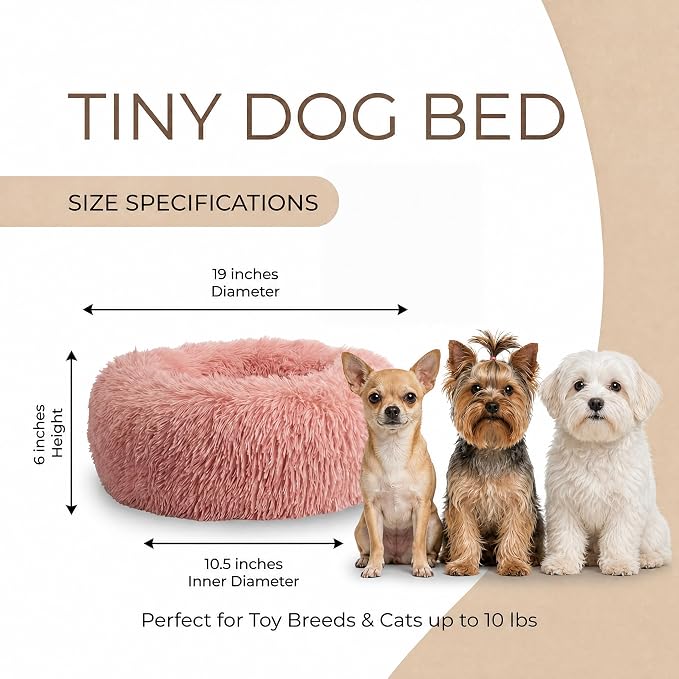 Calming Donut Small Dog Bed for Chihuahua Yorkie Maltese Shih Tzu | 19 Inch Washable Puppy Bed,Ultra Soft Faux Fur Round Dog Bed,Pink