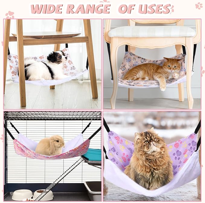 Geelin 4 Pcs Cat Hammock Hanging for Cage Bed, Paw, 20 x 24 Inch | Reversible Soft Pet Sleeping Hammocks with Adjustable Strap, Metal Hook, for Cat, Ferret, Puppy, Rabbit, Kitten, Small Animal