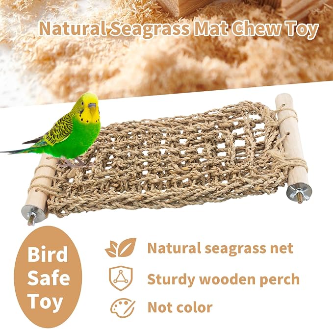 Bird Seagrass Mat Parrot Climbing Ladder Perch for Cage | Natural Sea Grass Woven Net Hammock, Birds Bridge Stands, Parakeet Chewing Rope Cage Accessories for Lovebird Budgie