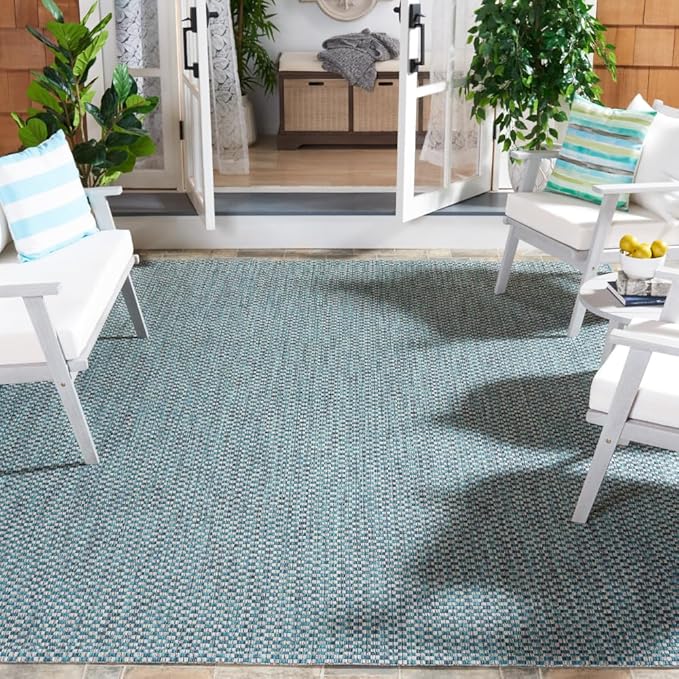 SAFAVIEH Washable Rug Outdoor Courtyard Collection - 8' x 11', Turquoise & Light Grey, Non-Shedding & Easy Cleaning, Ideal for Patio, Backyard, Mudroom (CY8653-37221)