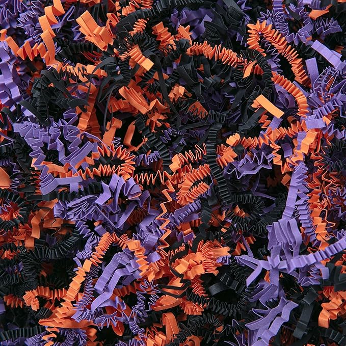 Mefleet 1/2 LB Halloween Crinkle Cut Paper Shred Filler 8 oz Orange & Purple & Black Crinkle Shredded Paper for Boo Basket - Gift Box Bag Filler - Grass Cushion Stuffing for Halloween Wrapping