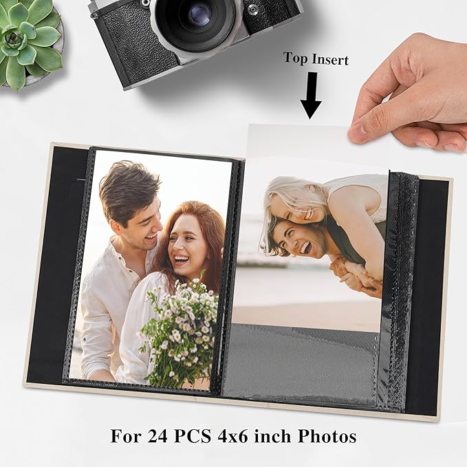 2 Pack Photo Album Holds 48 Pockets with Linen Cover and Customizable Window, Fits 4x6 Photos, Archival Black Pages, Blue