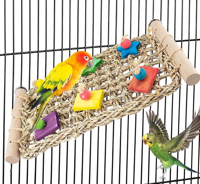 FlidRunest Conure Ladder Perch with Colorful Wood Chew Block | Natural Parrot Seagrass Foraging Mat, Bridge Stands Climbing Hammock Chewing Activity Toy for Parakeets, Lovebird
