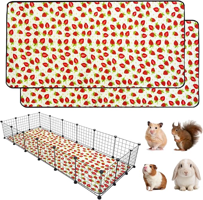 2 Pack Guinea Pig Cage Liners, 36"x 72" Washable Waterproof Bedding for Rabbit, Bunny, Hamster & Small Animals, Reusable Super Absorbent Pee Pads for C&C Cage, Strawberry Print