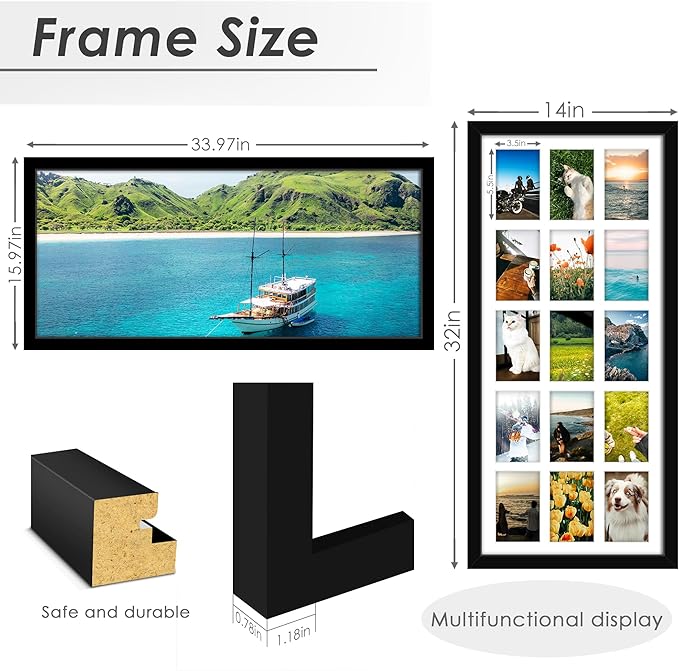 14x32 Picture Frame 4x6 Collage Picture Frame Displays Fifteen 4x6 inch Photos Collage Wall Decor Wall Hanging Black