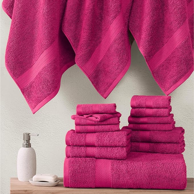 LANE LINEN 100% Ring Spun Cotton Luxury Bath Towel Set - 18 PCs - 4 Bath Towels, 8 Washcloths & 6 Turkish Hand Towels for Bathroom - Sustainably Produced, Ultra Soft & Absorbent - Fuschia