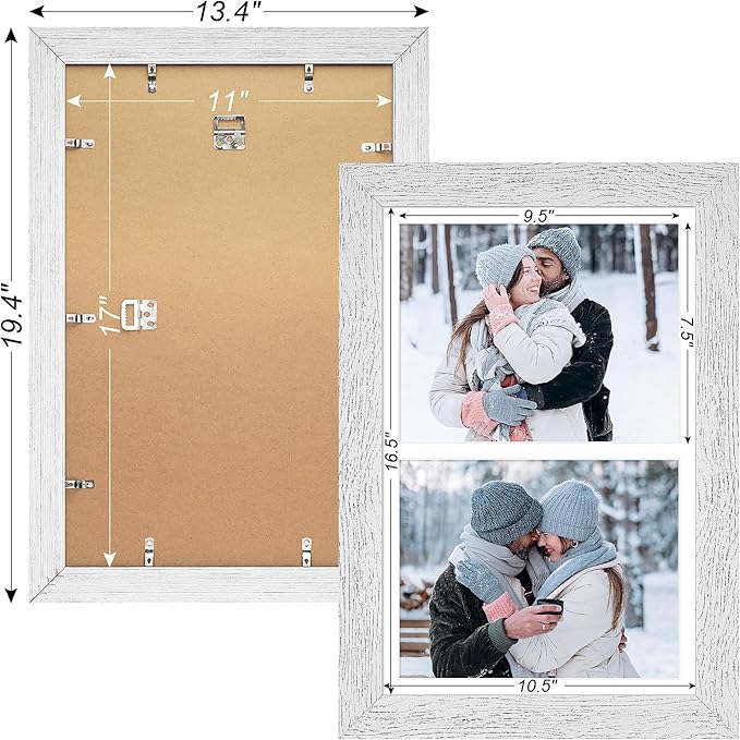 11x17 Picture Frame Display 2 opening 8X10 Double Picture Frame Collage,Multi Photo Frame with Mat,Plexiglass,Wall Mount Decor,Distressed White Wood Grain