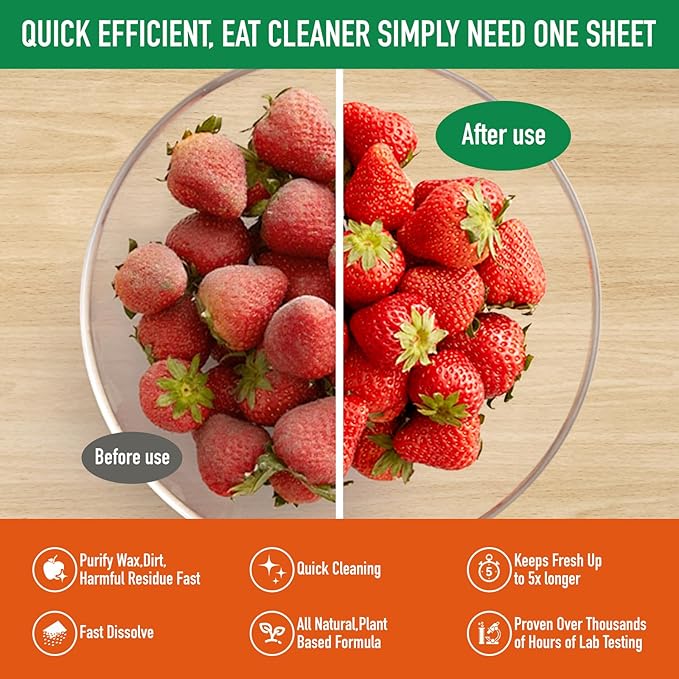 YUCO Fruit and Vegetable Wash Sheets, Easy & Quick Effective Removes Wax,Oil,Dirt,Harmful Chemical Residues from Organic Produce, Allowing Fresh Longer, For Spray Wash and Soak wash, 30 Sheets