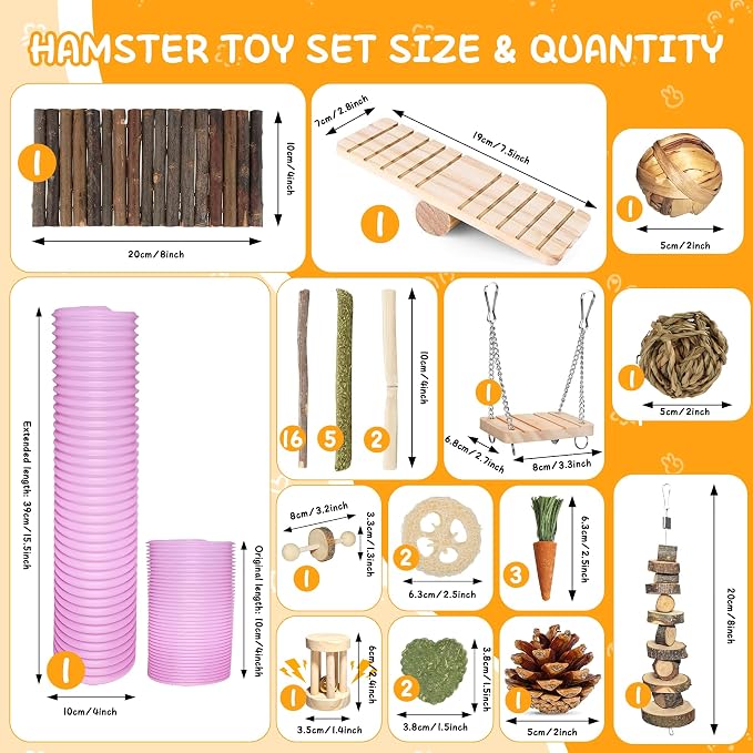 40 PCS Hamster Toys Set, Guinea Pig Toys Enrichment Hamster Tubes and Tunnels, Rat Enrichment Toy with Bridge, Seesaw, Swing, Ball for Gerbils, Chinchillas, Dwarf and Syrian Mouse