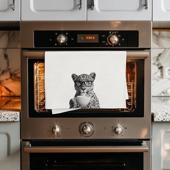 Funny Leopard Decor Coffee Kitchen Towels Gift, Leopard Gifts for Women, Coffee Gifts for Women, Animal Lover Gift Decorative Dish Hand Tea Towels for Kitchen Home Bar Decor, 16x24 Inch