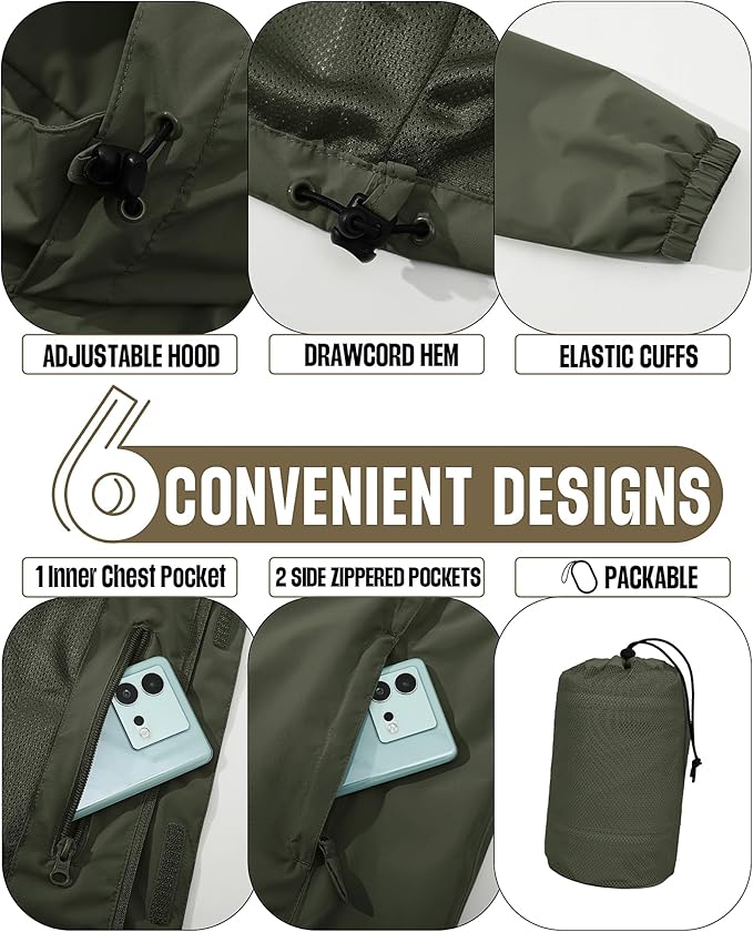 33,000ft Men's Packable Rain Jacket Waterproof Lightweight Raincoat Rain Shell with Hood for Outdoor Hiking Golf Travel