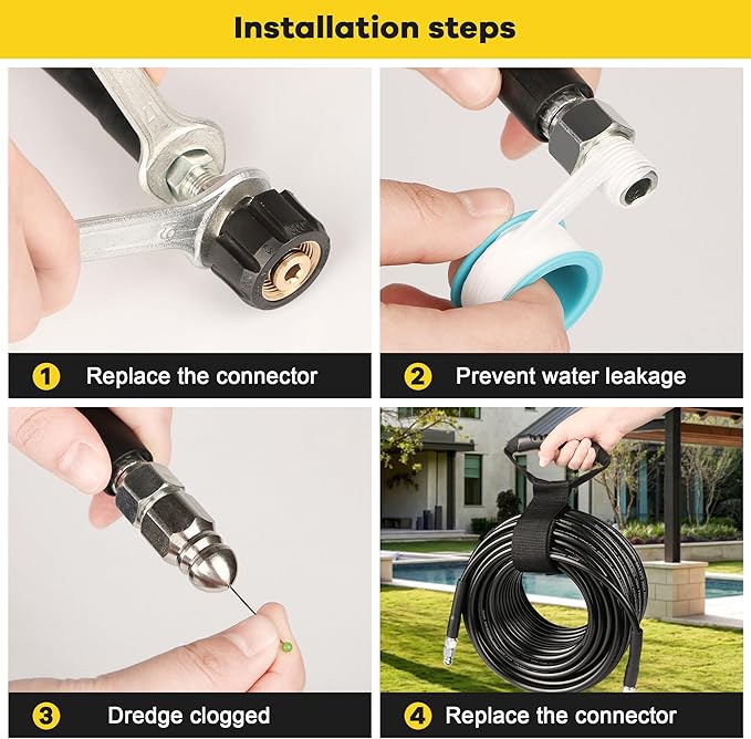 Pressure Washer Drain Jetter – Sewer Jetter Kit for Pressure Washer 100ft 1/4 Inch NPT Hose Nozzles and Adapter 5800PSI Clears Clogs in Pipes & Sewer Lines