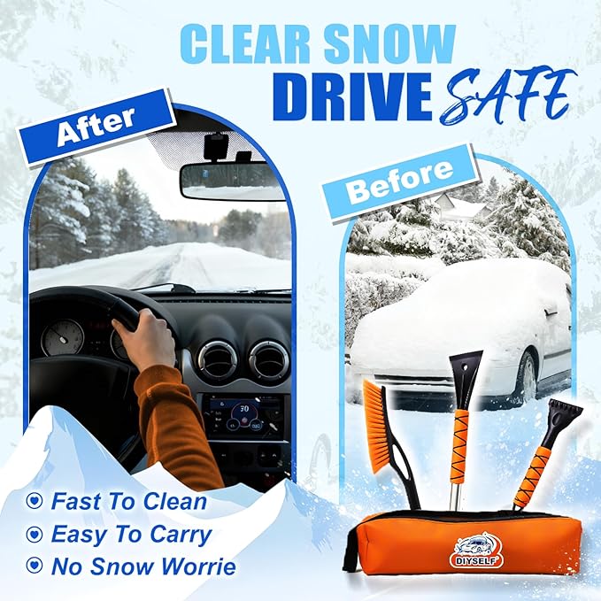 DIYSELF 27" Snow Brush with Two-Size Ice Scrapers for Car Windshield, 4 Pack Detachable Snow Removal Tool, Ergonomic Foam Grip, Snow Scraper for Car, Trucks, SUV, Christmas Stocking Stuffers for Men
